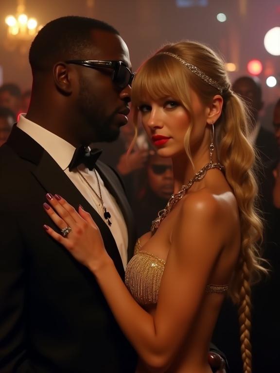 Nightclub scene music video with a couple. Woman has long blonde twintails and big blue eyes. She's in a gold fringe pushup bikini and high heels. Man is an older black rapper. They are close together with man holding her. Taylor looks at viewer. Men crowd her. Boyfriend is surprised. Full body shot.
