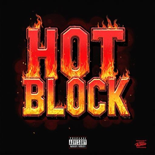Album cover featuring bold text 'HOT BLOCK' surrounded by flames. Design reflects Southern Hip-Hop style from Cash Money era. Colors are red, orange, black. Text has charred effects and glowing edges. Includes fire symbols and a chain border design.
