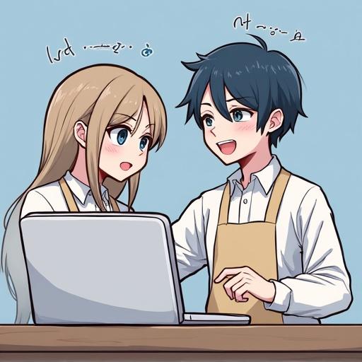 Two anime characters interacting at a laptop. A girl with long hair and a boy with dark hair. Both are smiling and engaged. Set in a bright atmosphere.