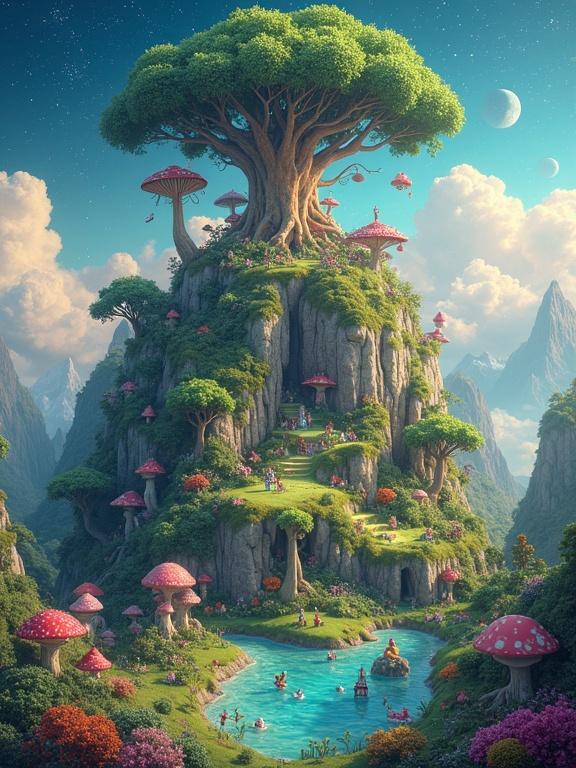 A detailed 3D render inspired by the works of Martin Handford and Mattias Adolfsson. A vertical landscape divided into thematic zones. A magical forest features a large tree with tiny creatures. A mystical forest contains glowing plants and enigmatic beings. The mountain has a colorful meadow and playful creatures. An enchanted lake is surrounded by floating islands. The sky is starry, showcasing sleeping creatures and giant mushrooms. The artwork invites exploration and interaction with dozens of fantastical characters.