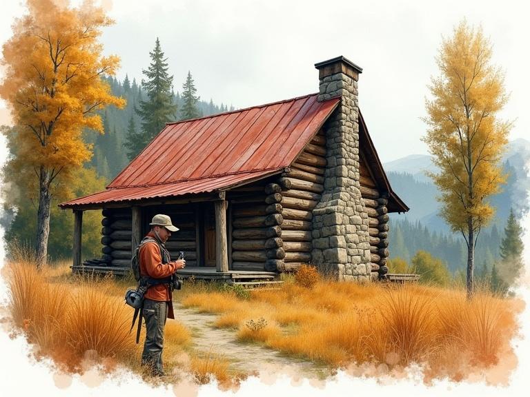 A rustic log cabin in an autumnal forest setting. Cabin features weathered wood and a rusty metal roof. There is a stone chimney. Composition emphasizes the aged character of the cabin with detailed textures and warm autumnal colors. The setting includes tall grasses and trees with autumn foliage. The painting has a watercolor style with a dreamy atmosphere and natural light. A scenic view of hills is visible in the background.