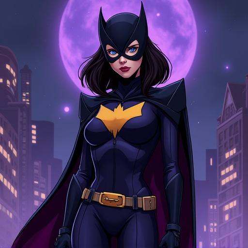 Character stands confidently in a Batgirl costume. Gotham City skyline in background. Large purple moon illuminates the scene. Heroic pose reflects strength and determination.