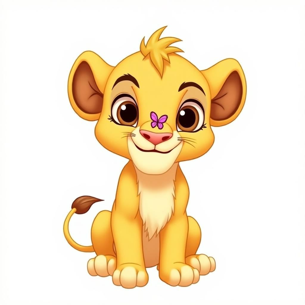 A cartoon lion cub named Simba with light brown fur. He has skinny human-like legs and arms. Simba has a friendly expression, large eyes, and a tuft of hair. A butterfly is playing on his nose. Designed in the style of Disney's The Lion King with a cute and playful appearance.