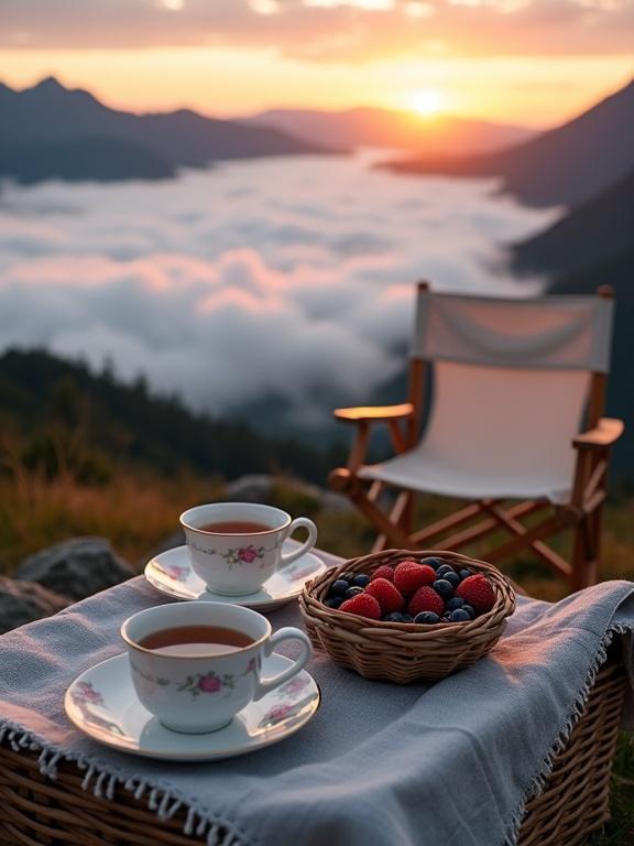 Stunning mountaintop picnic scene at sunrise. Woven wicker table covers grey linen cloth. Two porcelain cups with pink floral patterns edged in gold sit beside a basket of fresh berries and cookies. Foldable wooden chair faces vast valley shrouded in soft clouds under a radiant sky. Scenic view evokes feelings of tranquility and intimacy. Ideal for peaceful morning or romantic moment.