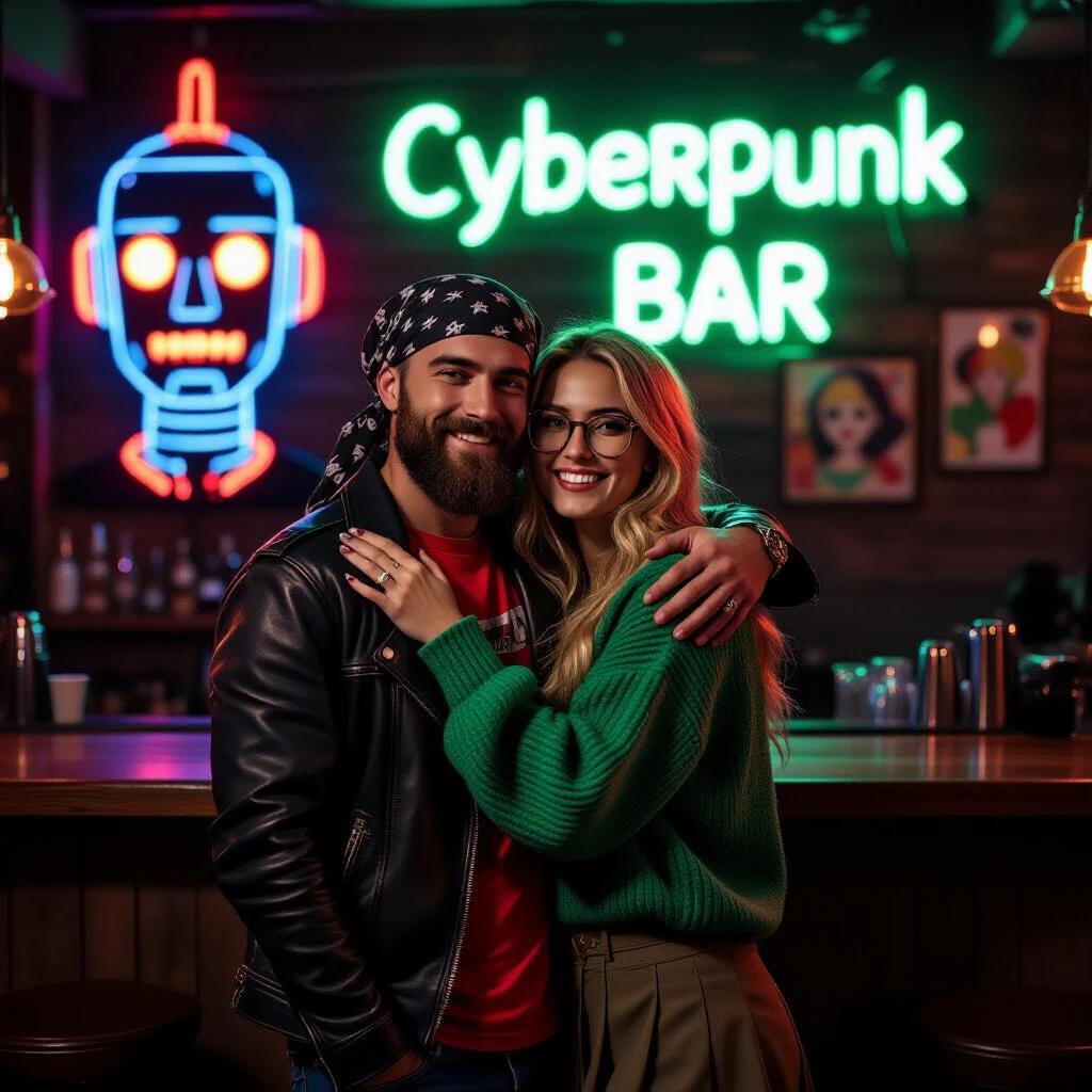 Medium-length photograph features a couple hugging at a bar. Man with beard wears headscarf and leather jacket over a red T-shirt. Woman with glasses dons a green sweater and skirt with boots. Background displays neon robot face and 'Cyberpunk Bar' sign. Image is realistic and detailed.