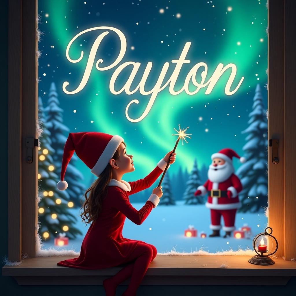 A festive scene features a girl dressed as an elf on the shelf. She sits on a windowsill, back facing the viewer, with her eyes gazing at the starry sky. In her hand, she holds a wand, using it to elegantly write the name 'Payton' in the sparkling sky. The background showcases a magical Christmas setting, with stunning northern lights dancing above. Outside, Santa Claus can be seen in the snowy landscape, adding to the whimsical atmosphere of the scene.