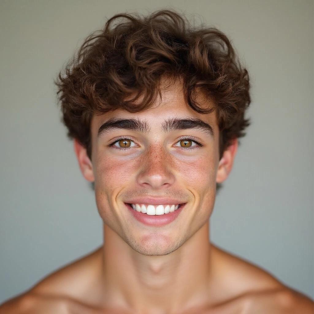 Realistic headshot of a young male athlete. Curly brown hair frames his face. Large warm-brown eyes with thick eyelashes. Lightly tanned skin with freckles. Confident and charming smile. Defined shoulders and collarbones visible. Playful and charismatic atmosphere.