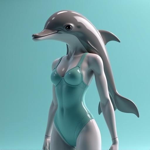 Create a humanoid female dolphin with a one-piece swimsuit and a complete body.