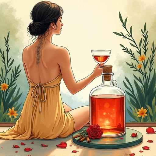 Stylized advertisement featuring a modern goddess in a flowing sun-dress. She enjoys a relaxing moment in a speakeasy environment while offering a glass of herbal liqueur. The setting includes rose petals and lush plants. A prominent apothecary bottle glows in the foreground, labeled 'ALFRUNO' with herbs. The scene uses earthy colors in a whimsical watercolor style.