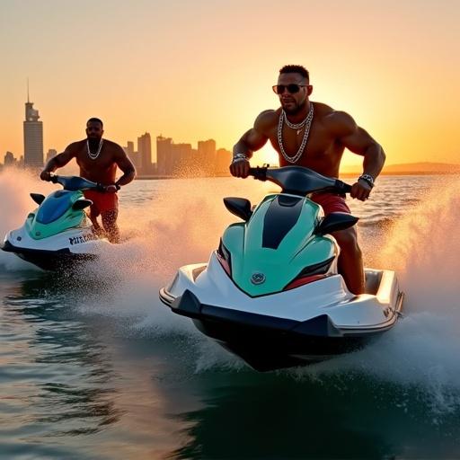 Two muscular men ride jet skis across open water during sunset. Glowing city skyline in the background. One man leaps over a wave while the other turns sharply. High splashes created. Smooth tracking motion with crash zooms and slow-motion effects. Vibrant and energetic atmosphere. Glossy music video aesthetics with cinematic color grading and rhythmic cuts.