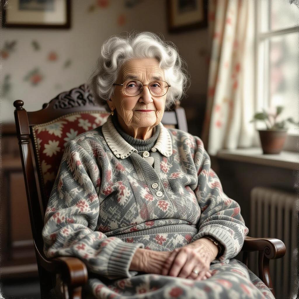 Image of a vintage elderly woman sitting gracefully in a chair. She wears a patterned sweater and has curly white hair. A cozy room backdrop with floral wallpaper and a window filled with plants can be seen. The atmosphere feels nostalgic and warm.
