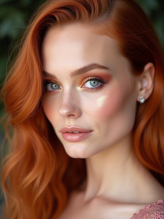 Close-up portrait of a female model with ginger hair. The model has amazing blue eyes and wears metallic copper eyeshadow. Soft lighting enhances her features and makeup.