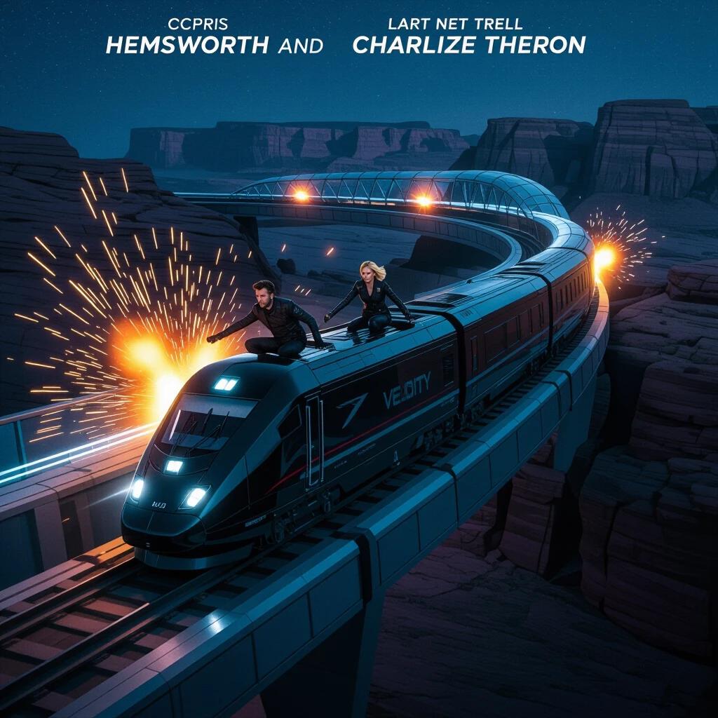 A futuristic black mag-rail train speeds through a desert canyon. Two rogue agents ride atop the train. Sparks and ignitions explode in the night. This is an action-packed scene.
