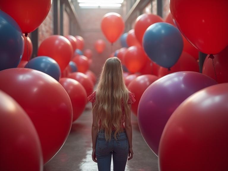 A beautiful nordic blonde is standing among giant rubber balloons in a balloon factory. The scene is filled with huge red, dark blue, and purple balloons. Lighting is cinematic and vibrant colors enhance the visual appeal.