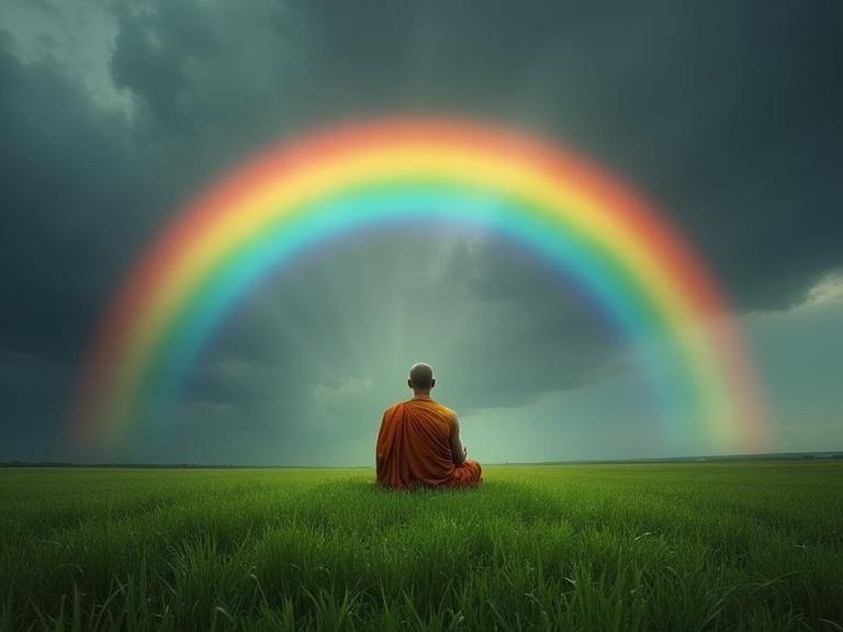 Vibrant rainbow arcs over a lush green field. Dark sky in background. Monk meditates peacefully in the foreground.