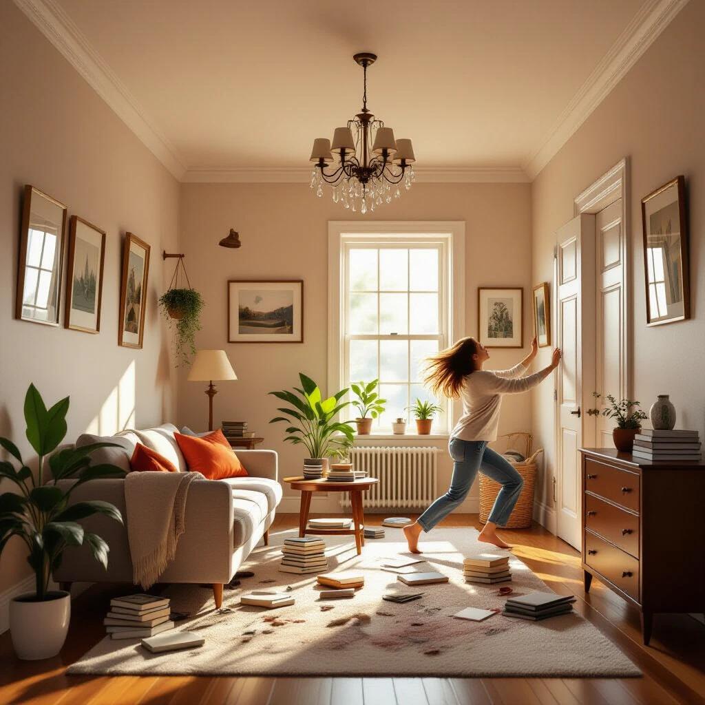 Surreal digital artwork of a tilted room with shifting gravity. A person tries to maintain balance as furniture and objects slide toward the wall. The room is tilted at 45 degrees. Picture frames hang at impossible angles. A chandelier dangles diagonally. Strong gravitational pull is suggested by the person's motion. Warm lighting creates dramatic shadows. The wallpaper pattern accentuates the tilt. Rich textures enhance the scene.