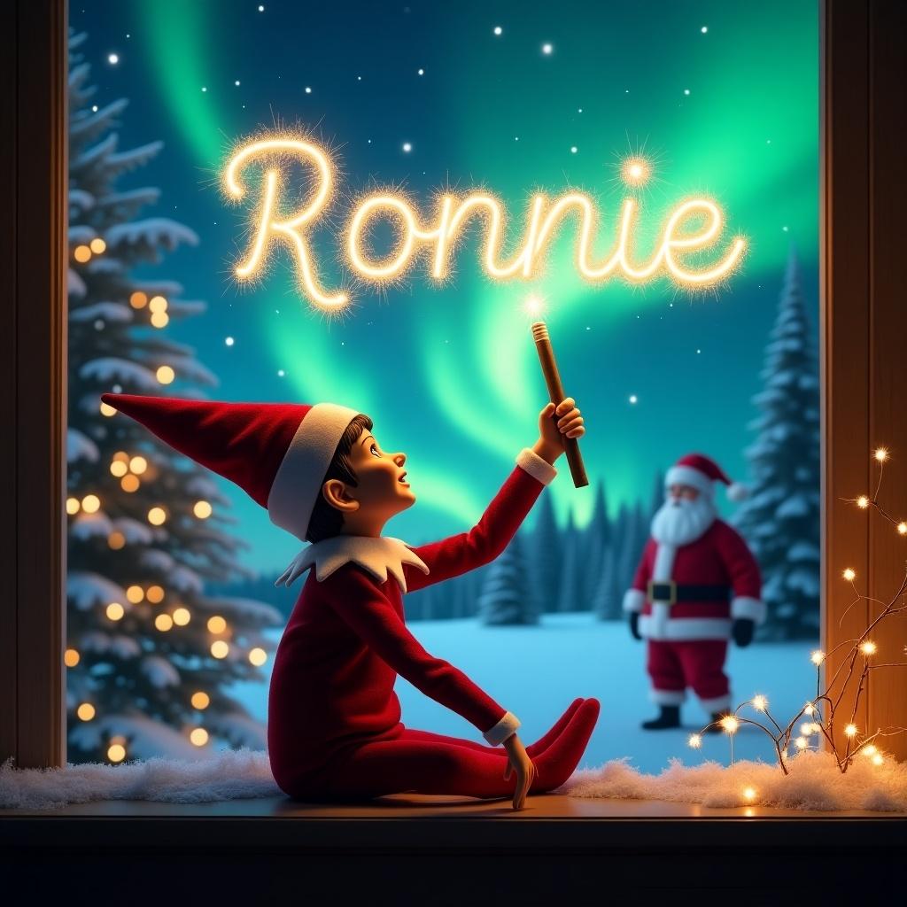 Elf seated back to viewer gazing up at night sky. Magical wand writing name 'Ronnie' in sparkling letters. Christmas scene with northern lights and Santa in background. Joyous and whimsical mood for holiday season.