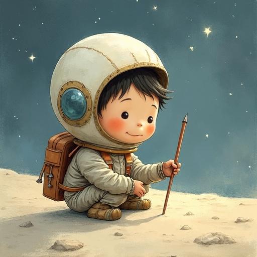 Child sitting on moon dust wearing oversized helmet. Child drawing rocket ship with a stick. Illustration in fantasy storybook style. Soft colors with a warm glow. Star sparkles and gentle moonlight ambiance.