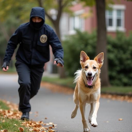 A dog chasing a robber down a narrow street. The dog looks excited and alert. The robber in a hoodie runs ahead. Cobblestone pavement lines the street. Nearby buildings have colorful facades. Daytime with clear weather.