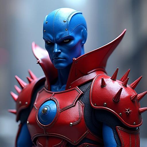 Blue figure wears red armor with spikes. Armor combines elements from Yu-Gi-Oh and superhero styles. Heroic stance and dynamic pose add energy.