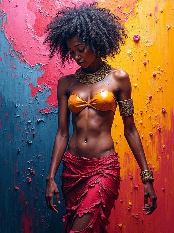 Model inspired by Cleopatra in vibrant outfit. Background with coral pink, indigo, and mustard yellow colors. Textured paint creates a dramatic effect. Artistic and expressive style with a focus on colors and light.