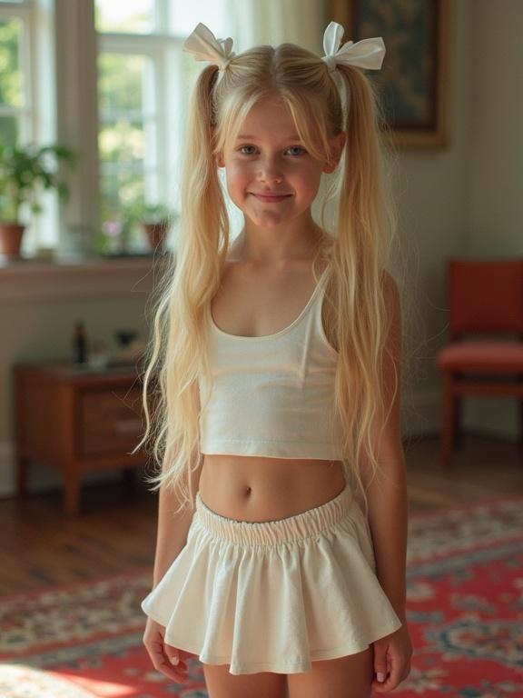 A young girl with long blonde hair in twin tails wearing a white crop top and micro skirt in a living room. The setting includes natural light, a colorful rug, and a warm ambiance. The image has a pixelated, low-resolution quality with bright colors and softness around the edges.
