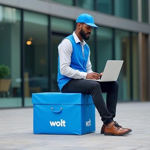 Young person working as food delivery man outdoors. Sitting on blue box with the brand name. Using a laptop in front of an office building.