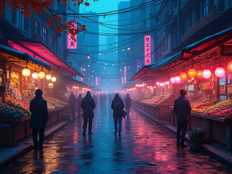 Street vendors on a busy street with glowing neon signs and foliage. Urban setting reflects Fauvism style with a cyberpunk color palette. Digital art with bold colors and textures.