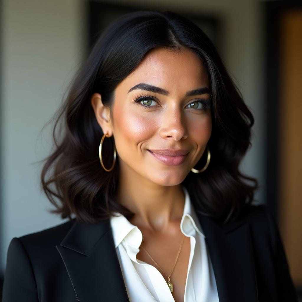 Portrait of a woman. Smooth slightly tanned skin with faint freckles. Striking blue and green eyes. Oval-shaped face with high cheekbones. Medium-length wavy jet black hair. Confident serene expression with slight smile. Modern stylish outfit: tailored white blouse and sleek black blazer. Gold statement earrings and minimalist gold necklace. Natural lighting with gentle shadows. Softly blurred background to emphasize features.