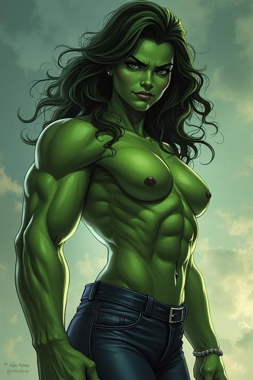 A muscular female character with green skin stands confidently. Character has long flowing hair and a strong stance. Portrayed in vibrant colors and dramatic lighting.