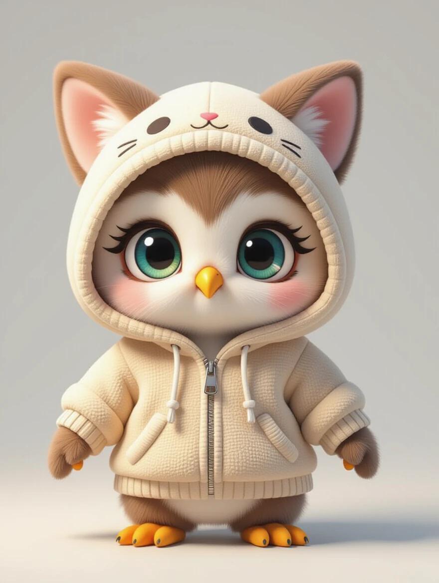3D plushie character with giant anime eyes. Soft hoodie features cat ears. Character has a warm expression on its face. Set against a seamless white background. Lighting is soft with gentle shadows.