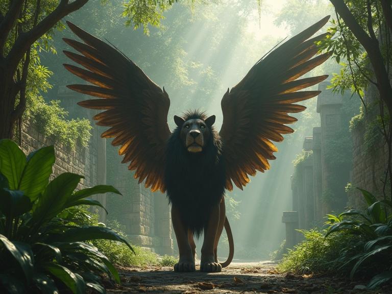 A winged lioness with the head of a woman stands guard over an ancient temple in a jungle. Mist fills the air with sounds of birds. Sunlight filters through the canopy, casting shadows on stones. The style is hyperrealistic, emphasizing grandeur and mystery.