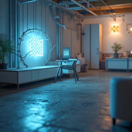 Interior office space featuring futuristic furniture and technology. Blue LED light panel illuminates the room. A stylish desk with a computer and plant nearby. Minimalistic decor enhances modern feel.