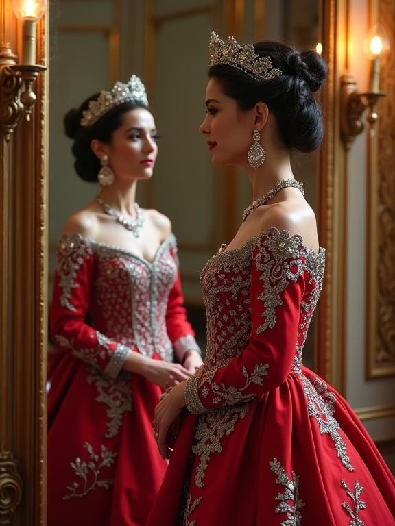 Photorealistic portrait of a woman in a red gown. Gown has silver embroidery and embellishments. Woman wears a jeweled headpiece. Hair styled in an elegant updo. Background features an ornate gold mirror reflecting her image. Warm lighting enhances details. She stands in profile showcasing her outfit. Hands clasped in front, adding elegance. The mirror shows her face and attire clearly. Classical decor elements in the background. Balanced composition emphasizing symmetry and detail.