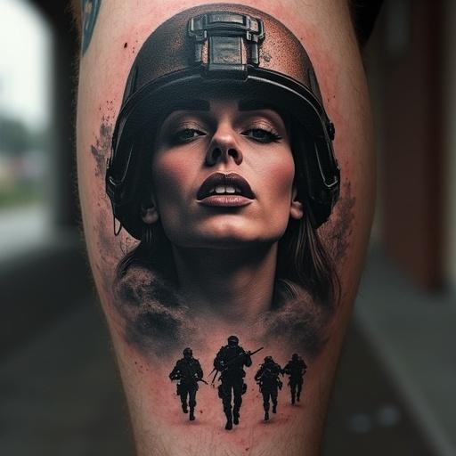 Artistic composition for a tattoo featuring a sensual valquiria with a modern military tactical helmet and night vision goggles. Below the chest, a mist diffuses and reveals silhouettes of equipped special forces soldiers with red points on their weapons and illuminated night vision goggles.