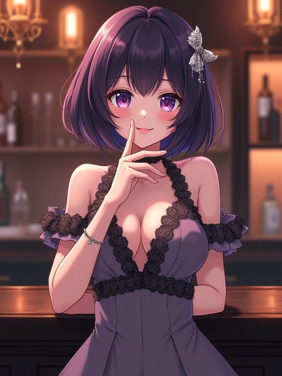 High-quality Japanese anime illustration of an elegant adult woman. She has purple eyes and dark violet bob cut hair with a silver ornament. Subtle smile with one hand on chin, showcasing jewelry. Wears purplish-gray dress with a V-neckline and lace detailing. Positioned in front of a luxurious dimly lit bar. Background has elegant light fixtures and a warm glow. The mood is sophisticated and romantic.