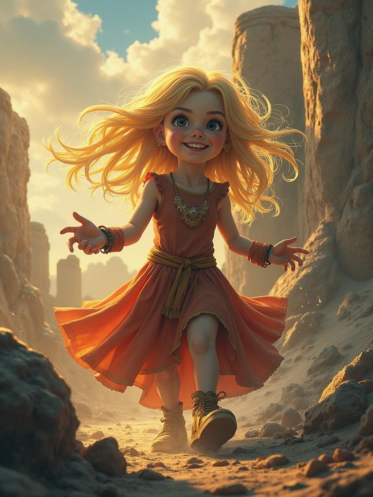 A child with long blonde hair dressed in an orange dress walks through a fantasy landscape.