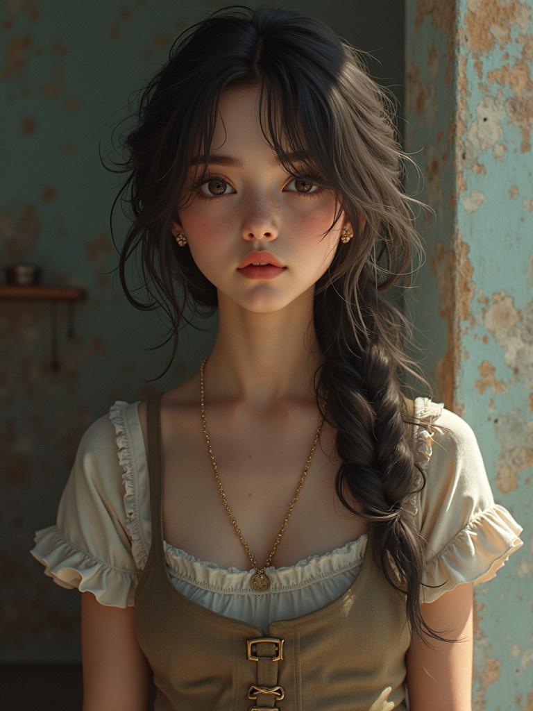 A girl with a braid and elegant fashion. She wears a dress with soft, ruffled sleeves. The background is textured with peeling paint. The scene is lit with soft, diffused sunlight.