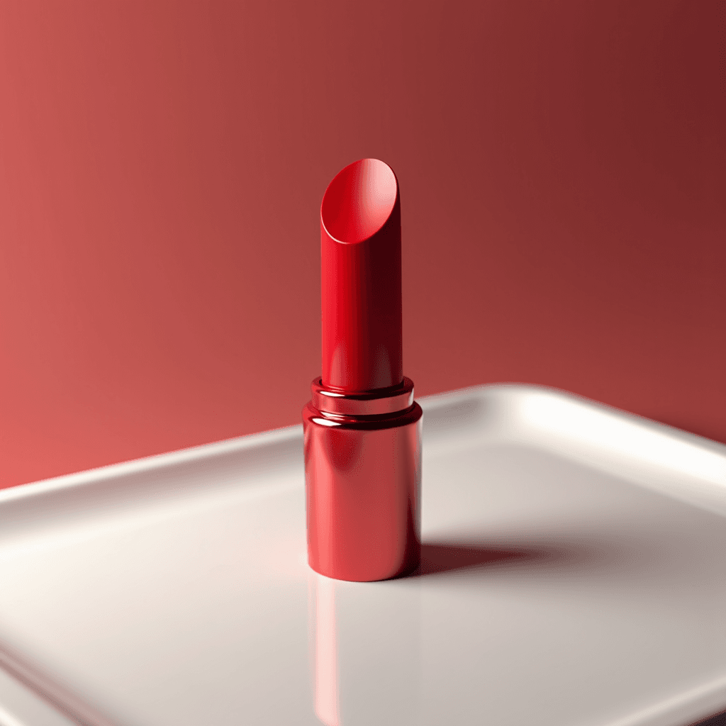 A vivid red lipstick standing upright on a reflective surface.