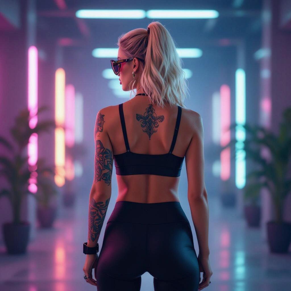 Portrait showcasing blonde cyber babe in power stance. Wearing crop top and yoga pants. Featuring tattoo and sunglasses. Soft colorful lighting. Glamorous style creating dreamy atmosphere.