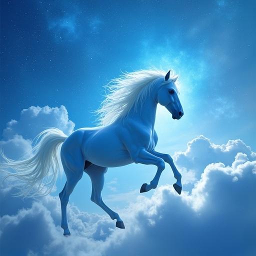Create an ultra-realistic image of a majestic blue horse floating in a sky with no blue, turning yellow.