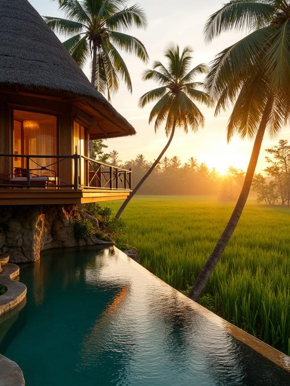 A cozy wooden villa raised above ground. Overlooks an elegant infinity pool. Surrounded by lush rice fields. Tall palm trees are present. Golden sunset filters through trees. A warm and peaceful glow covers landscape. Perfect hideaway for relaxation. Blends nature and luxury.