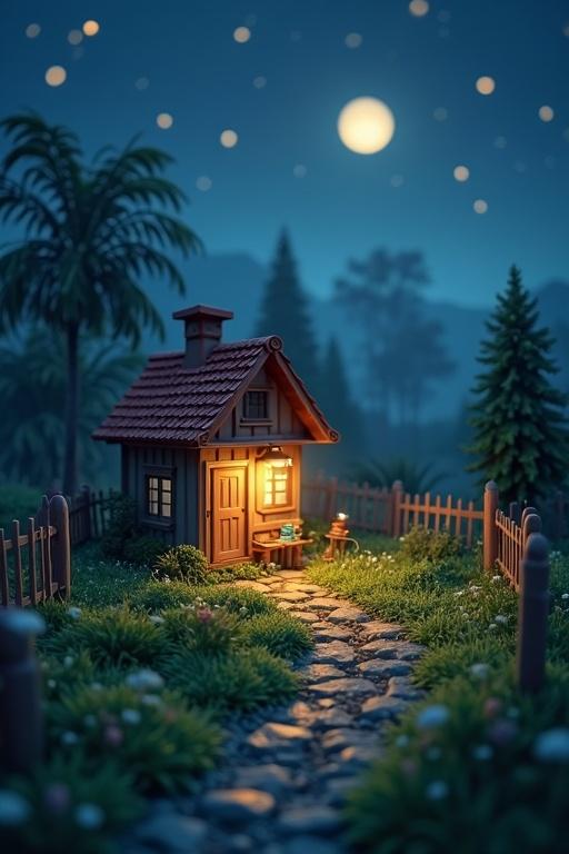 3D animation of a grassland at night. Features a cozy house illuminated at night. Moon shines brightly in the sky. Landscape surrounded by trees and a garden path.