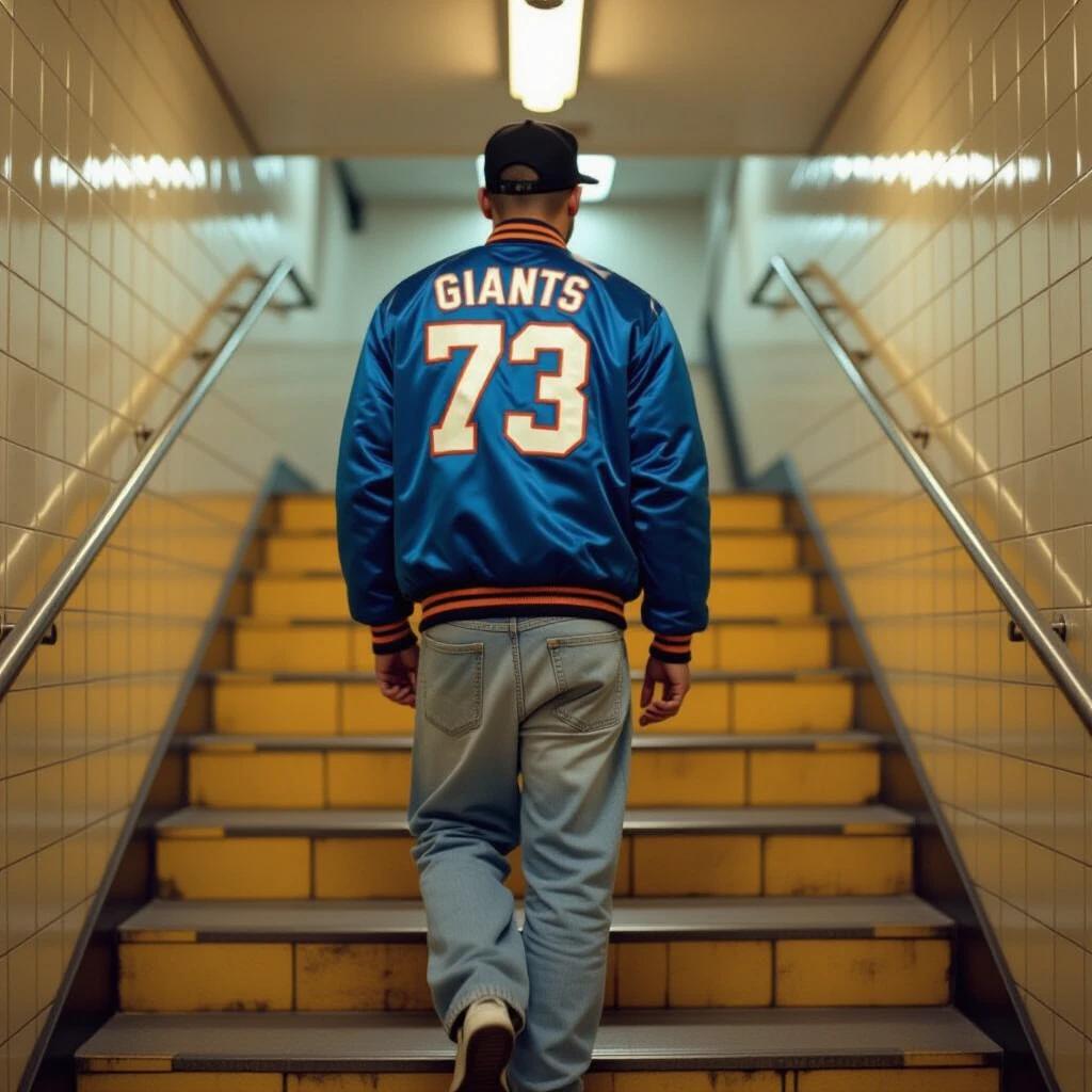 A man in a blue satin Giants bomber jacket walks down subway stairs. He wears a black cap and has a faded haircut. Light baggy jeans complete his look. The setting is in 1987 Spain with yellow tiles.