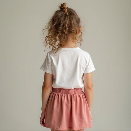 A young girl is seen from behind. She wears a white t-shirt and a short pink skirt. The background is neutral with soft lighting. The girl's curly hair is visible.