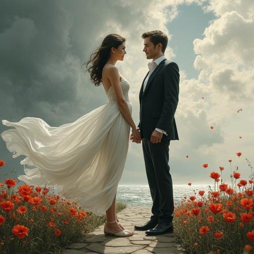 Image depicting a couple with outstretched arms but symbolically distanced. Stormy sky with dark clouds and visible spirals of wind behind. Words floating between them. One wearing a flowing white dress and the other a dark coat. Field of bent red poppies at their feet. Old stone bridge partly obscured by mist. Title "Parole nel Vento" in elegant cursive at the top center with transparency effect; artist name "Selene Riva" in modern font at bottom right with a luminous reflection.