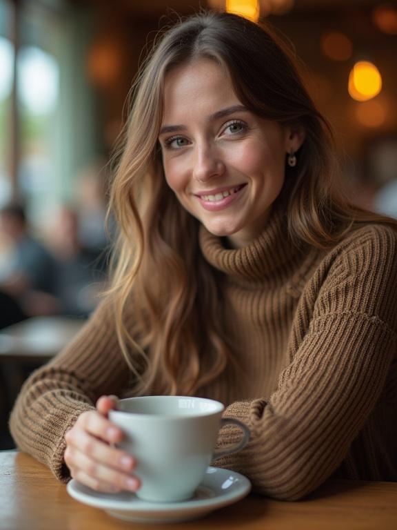 Beautiful woman sits in a cafe. Warm atmosphere surrounds her. She holds a cup. Focus on her casual elegance. Natural light enhances the cozy setting.