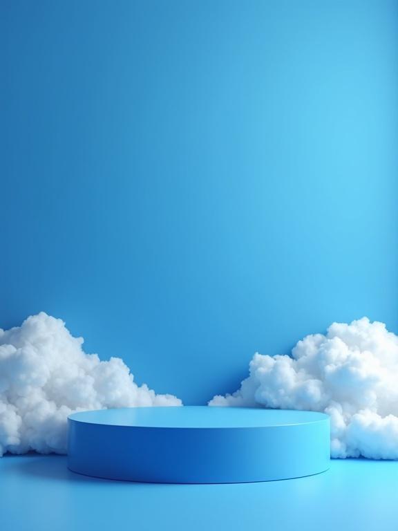 Blue low podium in a studio setting. Floor and background are all blue. Surrounding clouds create a soft visual effect.
