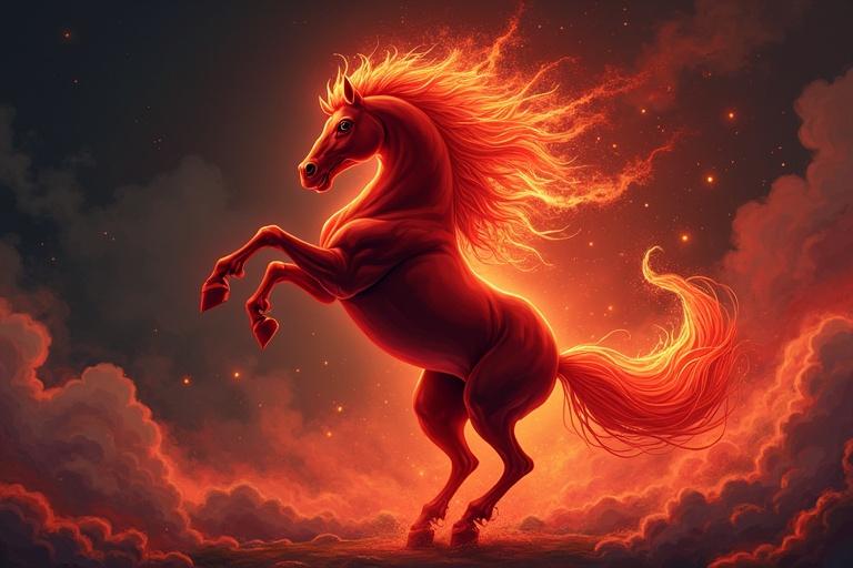 Majestic red fiery horse rearing up against dark swirling anime background.