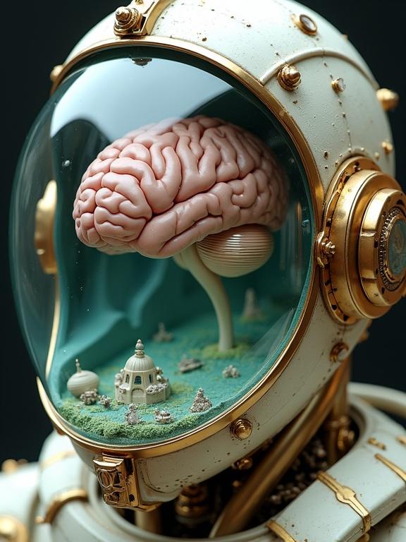 Intricate steampunk-style helmet with human brain submerged in liquid. Creamy-white, metallic helmet features brass and gold mechanical components. Clear dome reveals pale pink brain in light teal liquid. Interior has miniature alien landscape with tiny structures and vehicles. Detailed textures and realistic render. Lighting highlights composition from low angle.
